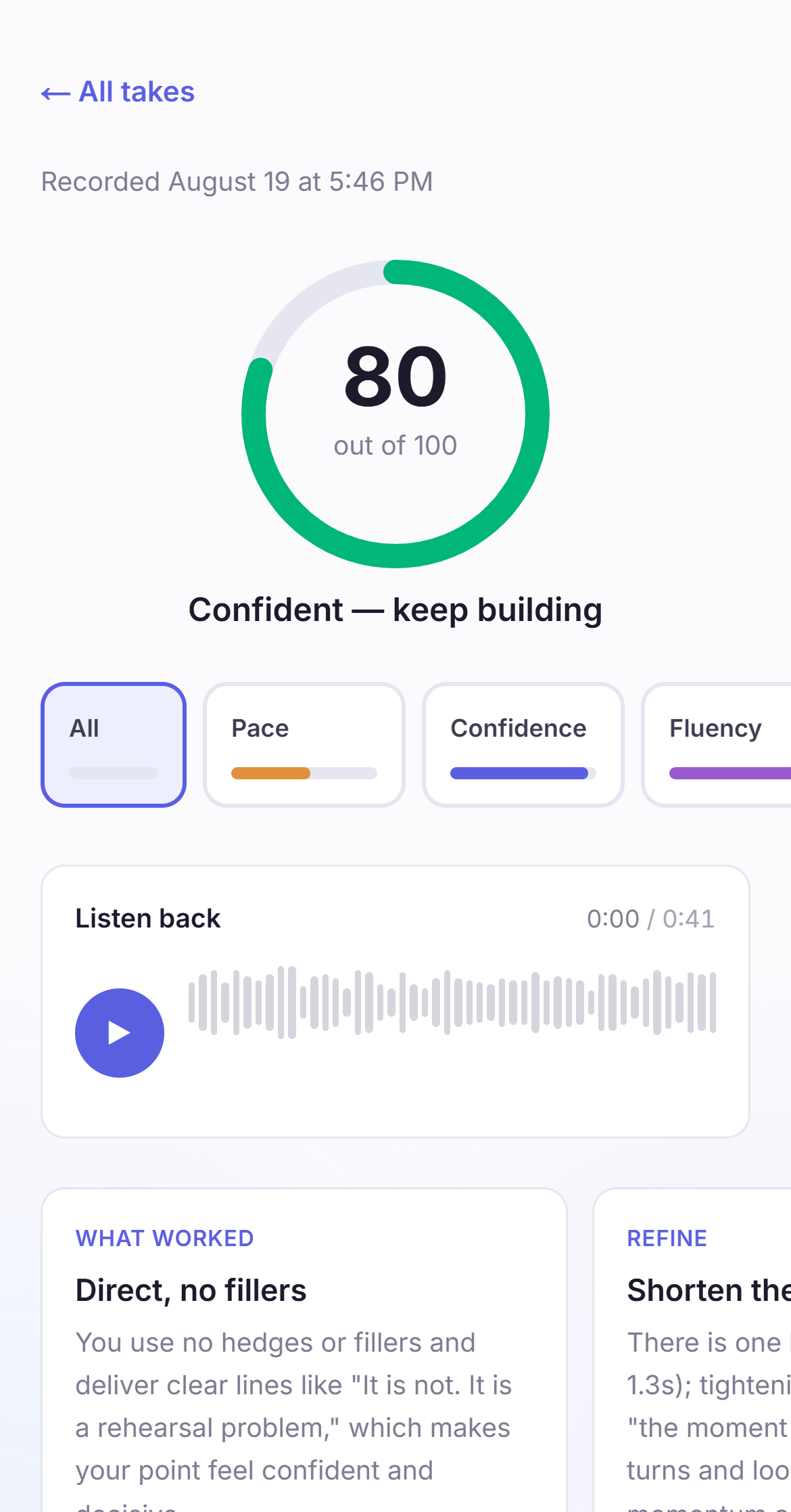 A scored Speech Analyzer take with per-dimension bars and written feedback