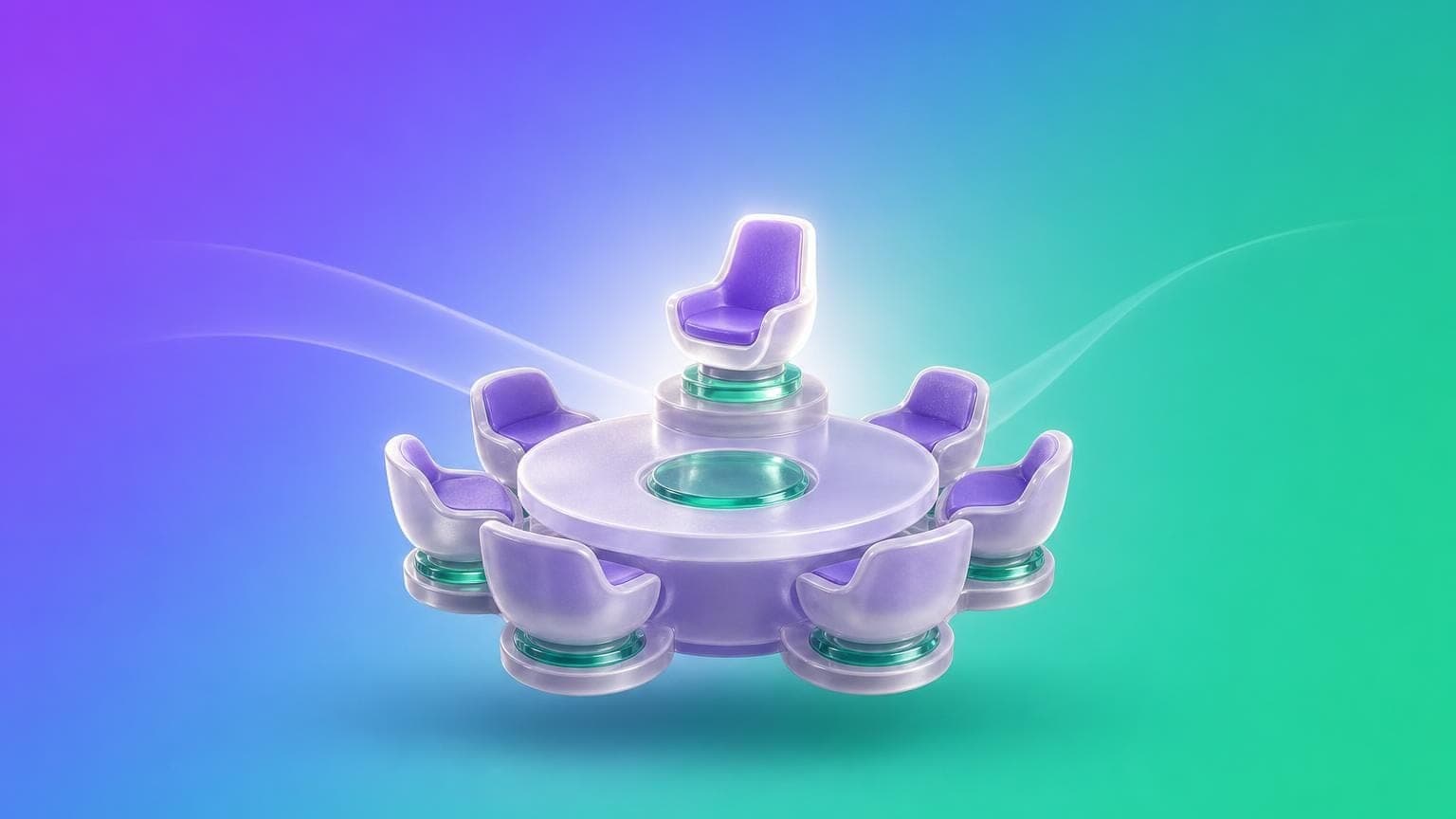 Illustration: a round meeting table with one chair raised and lit