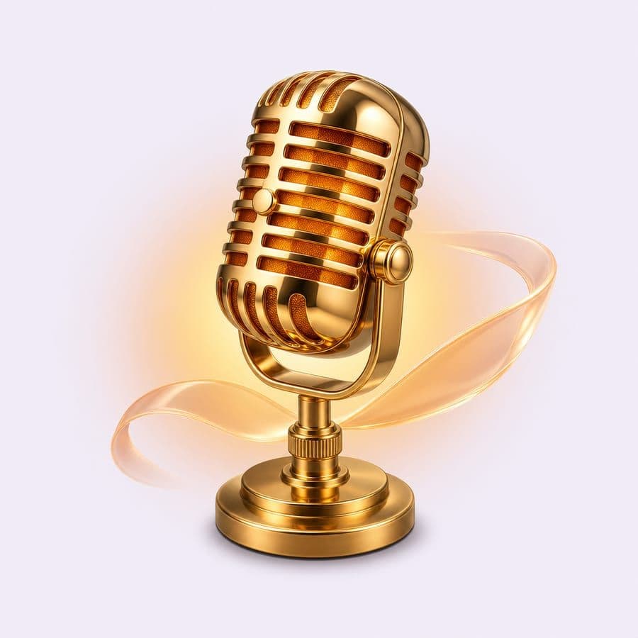 Illustration: a golden studio microphone floating over a warm glow