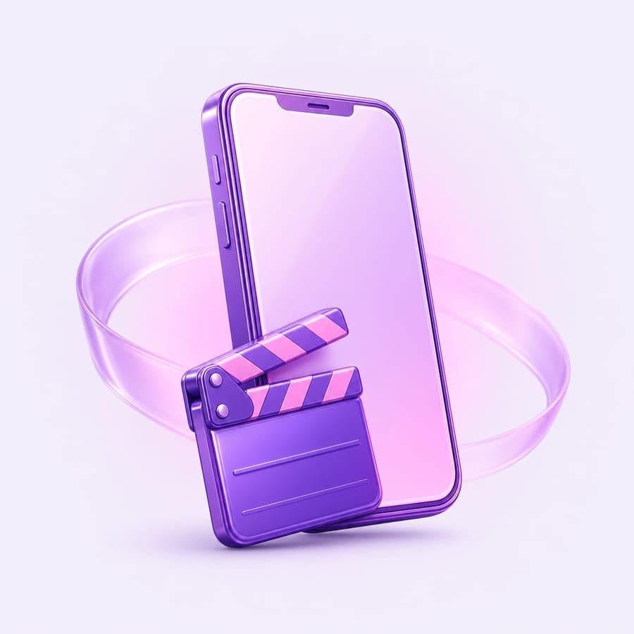 Illustration: a phone and a clapperboard floating over a violet glow