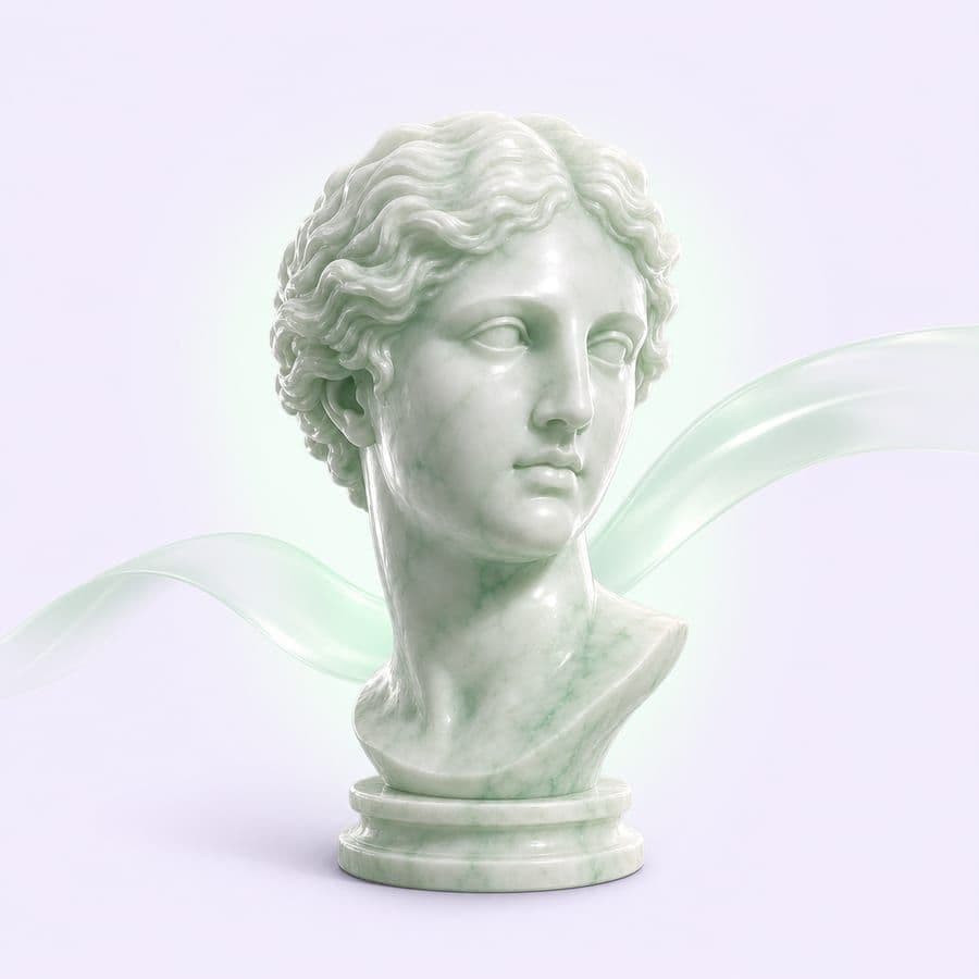 Illustration: a classical marble bust floating over a green glow
