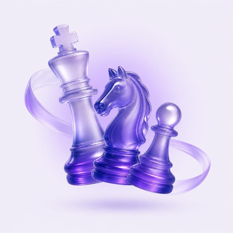 Illustration: glass chess pieces floating over a cool blue glow