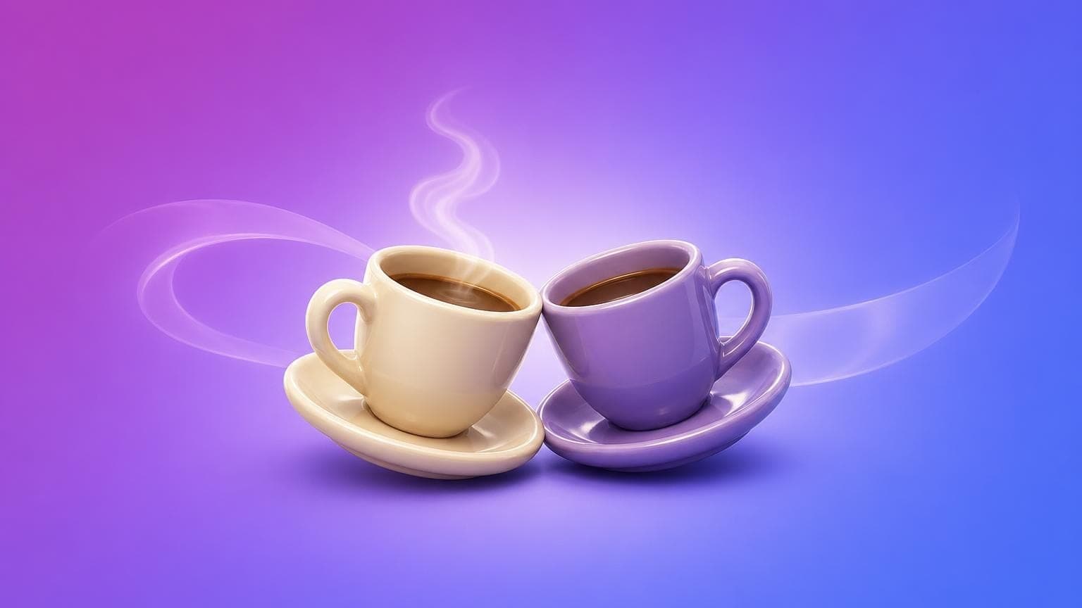 Illustration: two coffee cups angled toward each other, one steaming