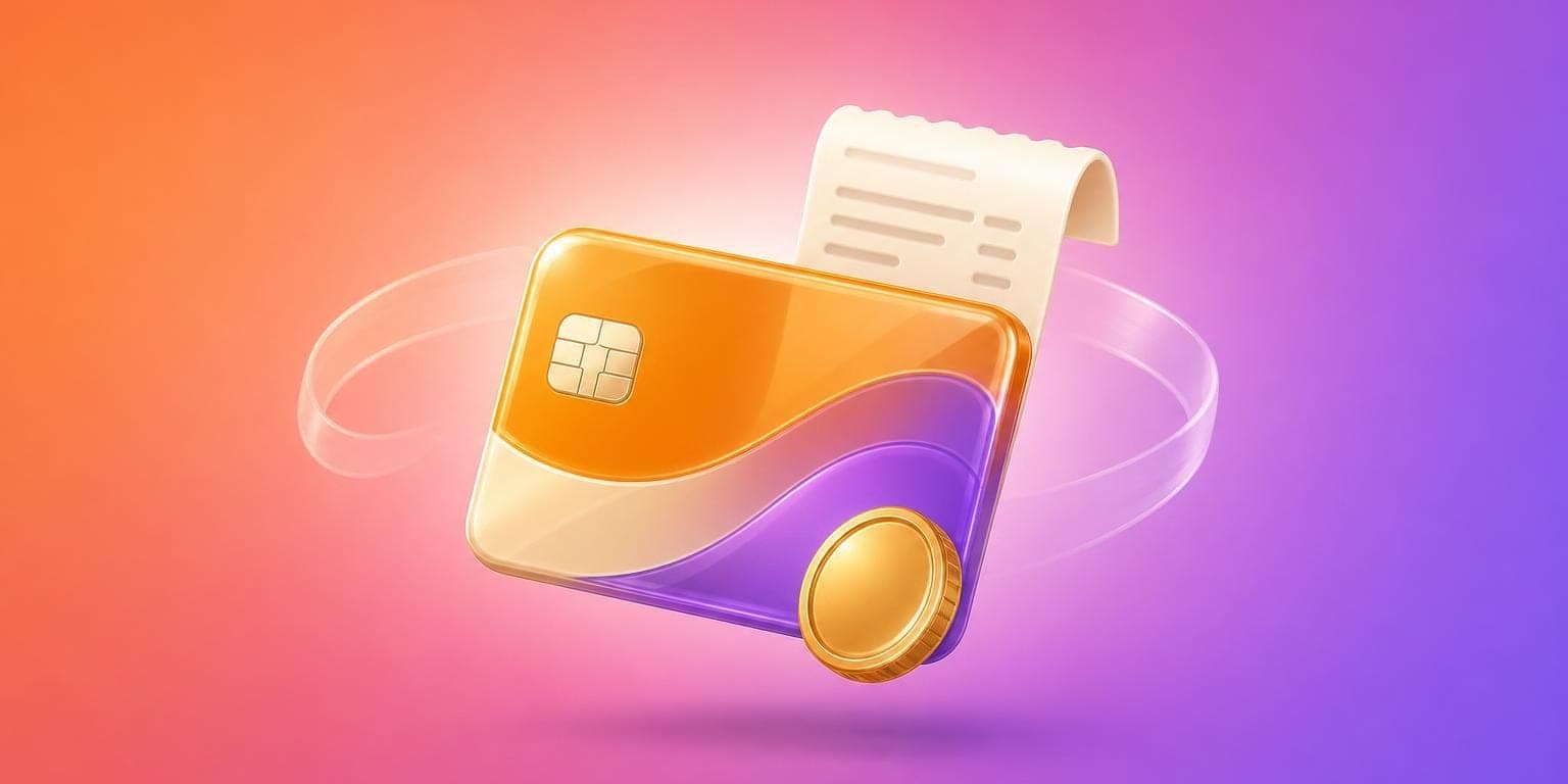 Illustration: a payment card with a paper receipt and a single coin