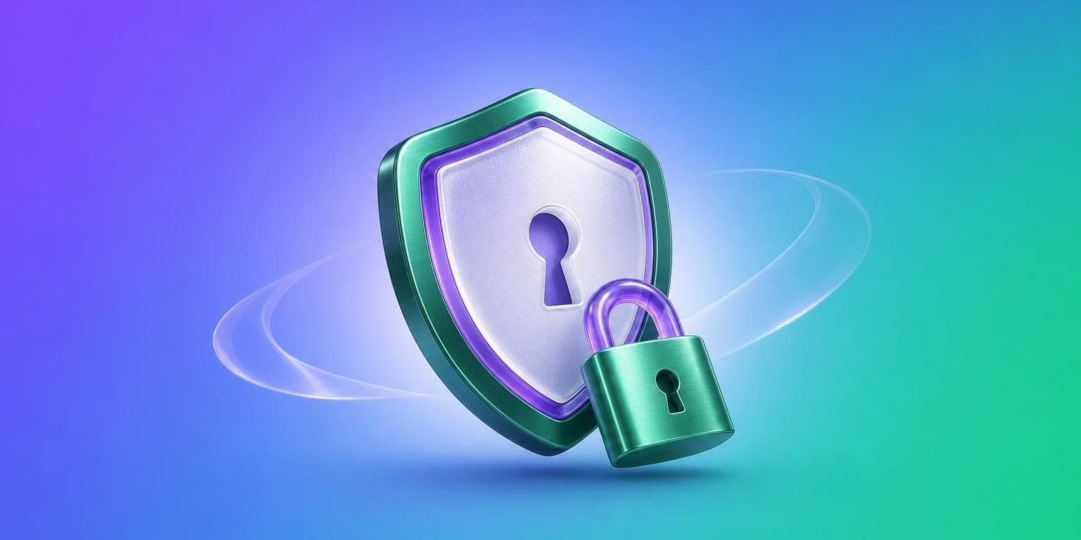 Illustration: a shield with a keyhole and a closed padlock resting against it